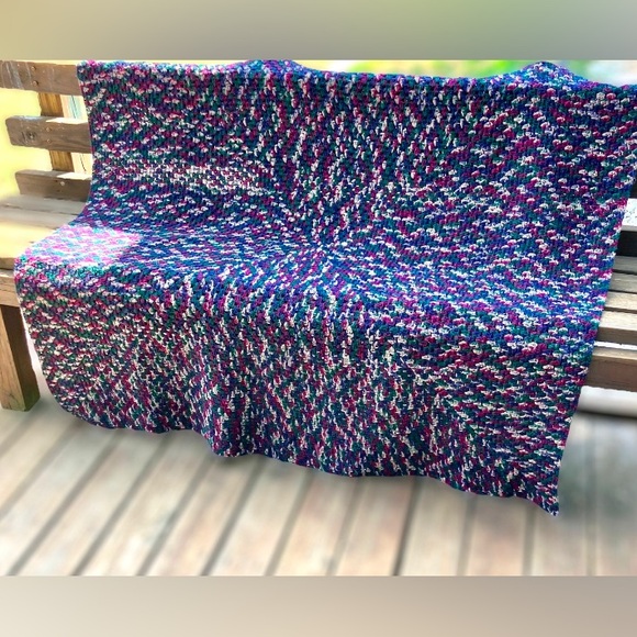 Vintage Afghan Throw Knitted Blanket 60" x 60" Full Dark Blue Green Burgundy - Picture 5 of 5